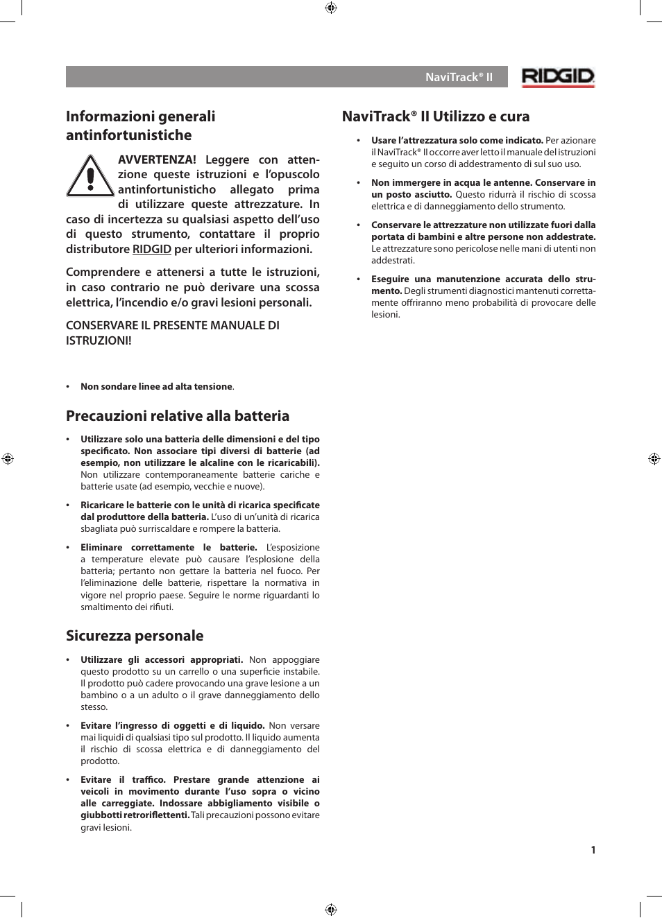 Informazioni generali antinfortunistiche, Precauzioni relative alla batteria, Sicurezza personale | Navitrack® ii utilizzo e cura | RIDGID NaviTrack II User Manual | Page 115 / 394