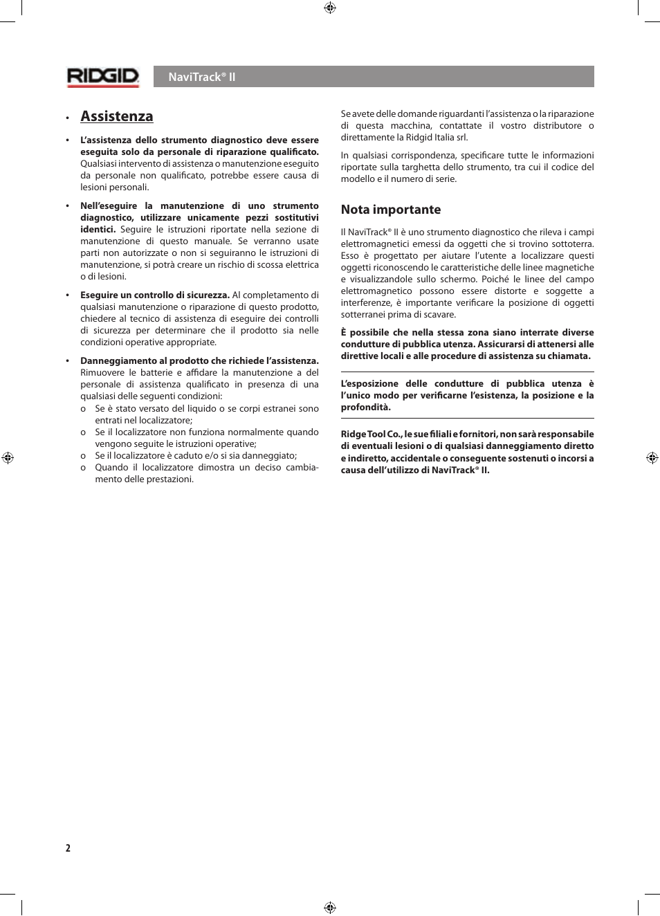 Assistenza, Nota importante | RIDGID NaviTrack II User Manual | Page 116 / 394