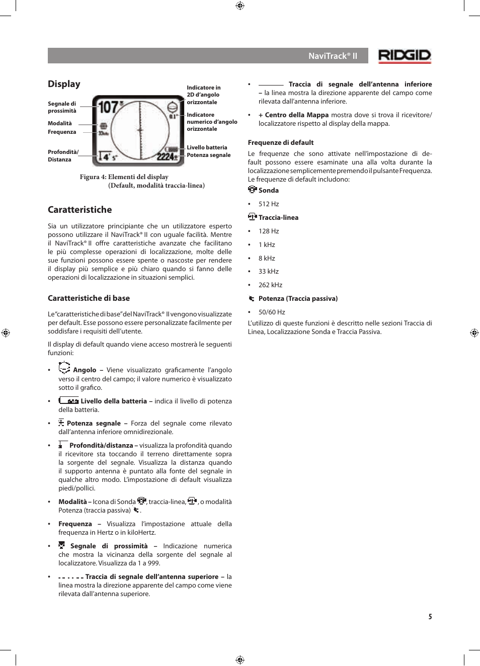 Display, Caratteristiche | RIDGID NaviTrack II User Manual | Page 119 / 394