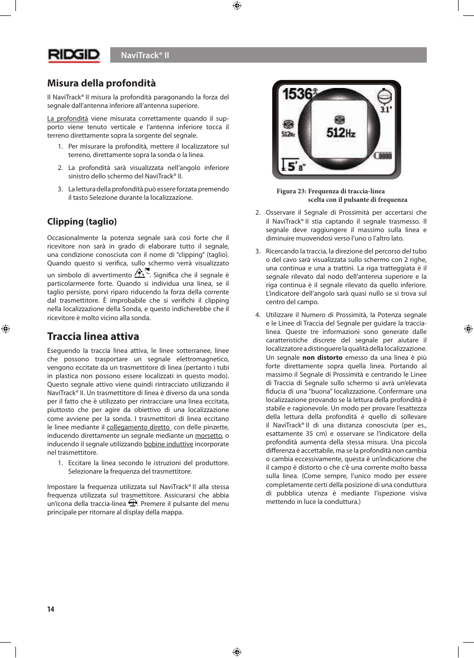 Traccia linea attiva, Misura della profondità, Clipping (taglio) | RIDGID NaviTrack II User Manual | Page 128 / 394