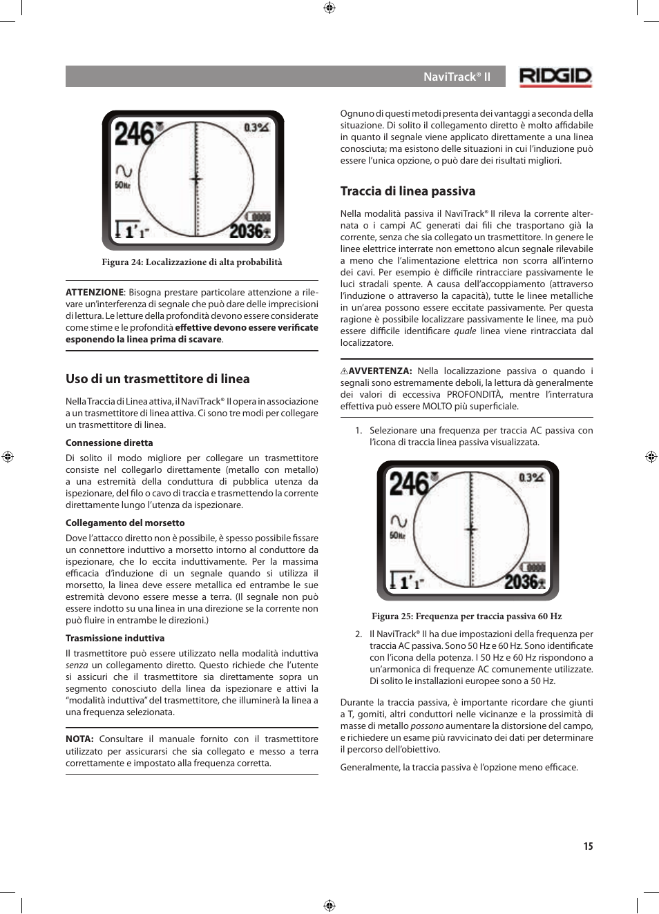 Uso di un trasmettitore di linea, Traccia di linea passiva | RIDGID NaviTrack II User Manual | Page 129 / 394