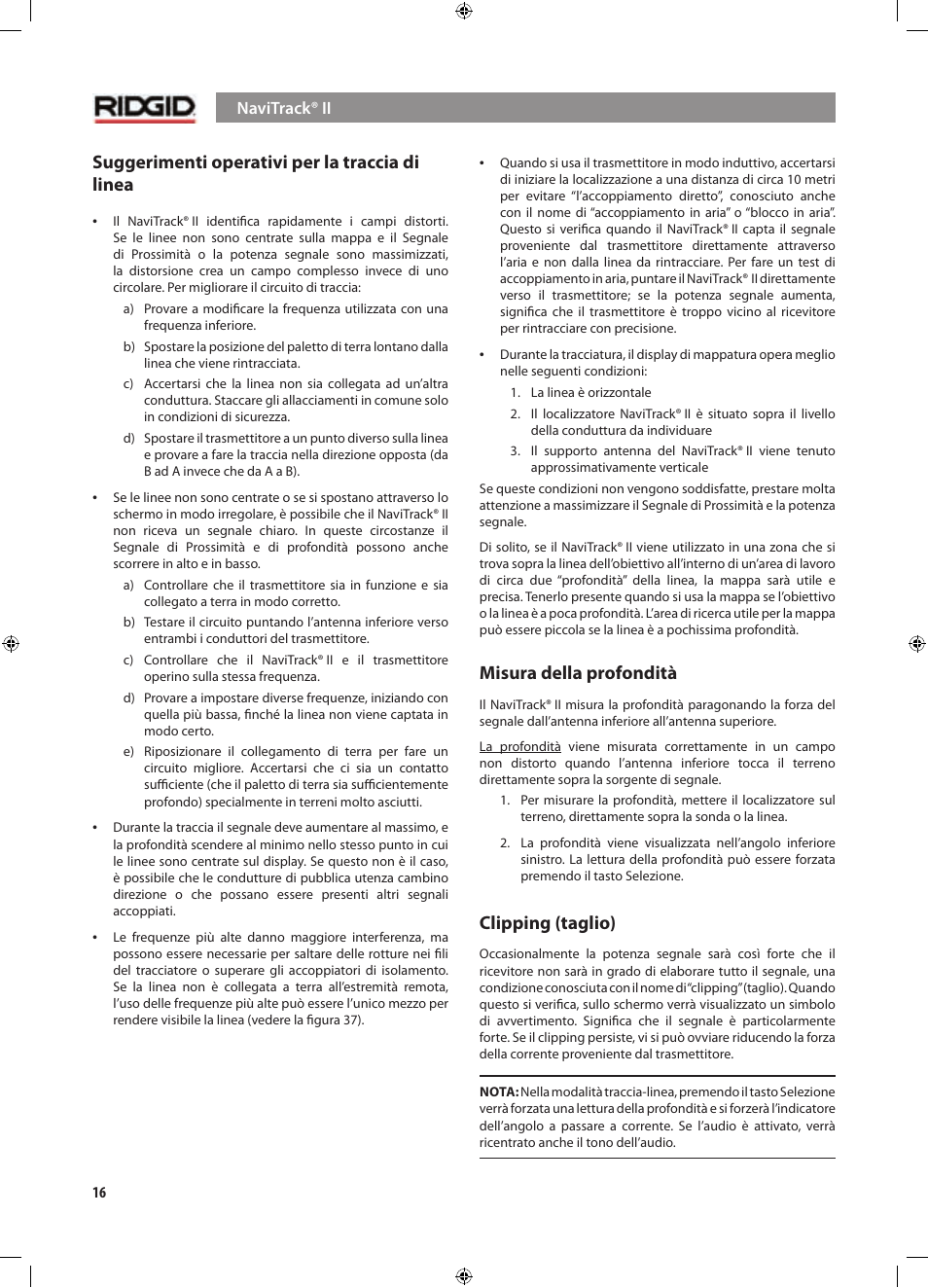 Suggerimenti operativi per la traccia di linea, Misura della profondità, Clipping (taglio) | RIDGID NaviTrack II User Manual | Page 130 / 394