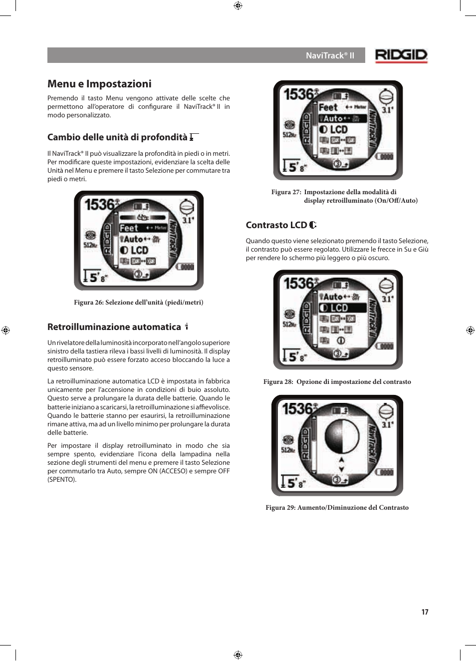 Menu e impostazioni, Cambio delle unità di profondità, Retroilluminazione automatica | Contrasto lcd | RIDGID NaviTrack II User Manual | Page 131 / 394