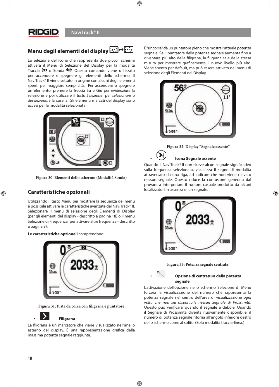 Menu degli elementi del display, Caratteristiche opzionali | RIDGID NaviTrack II User Manual | Page 132 / 394