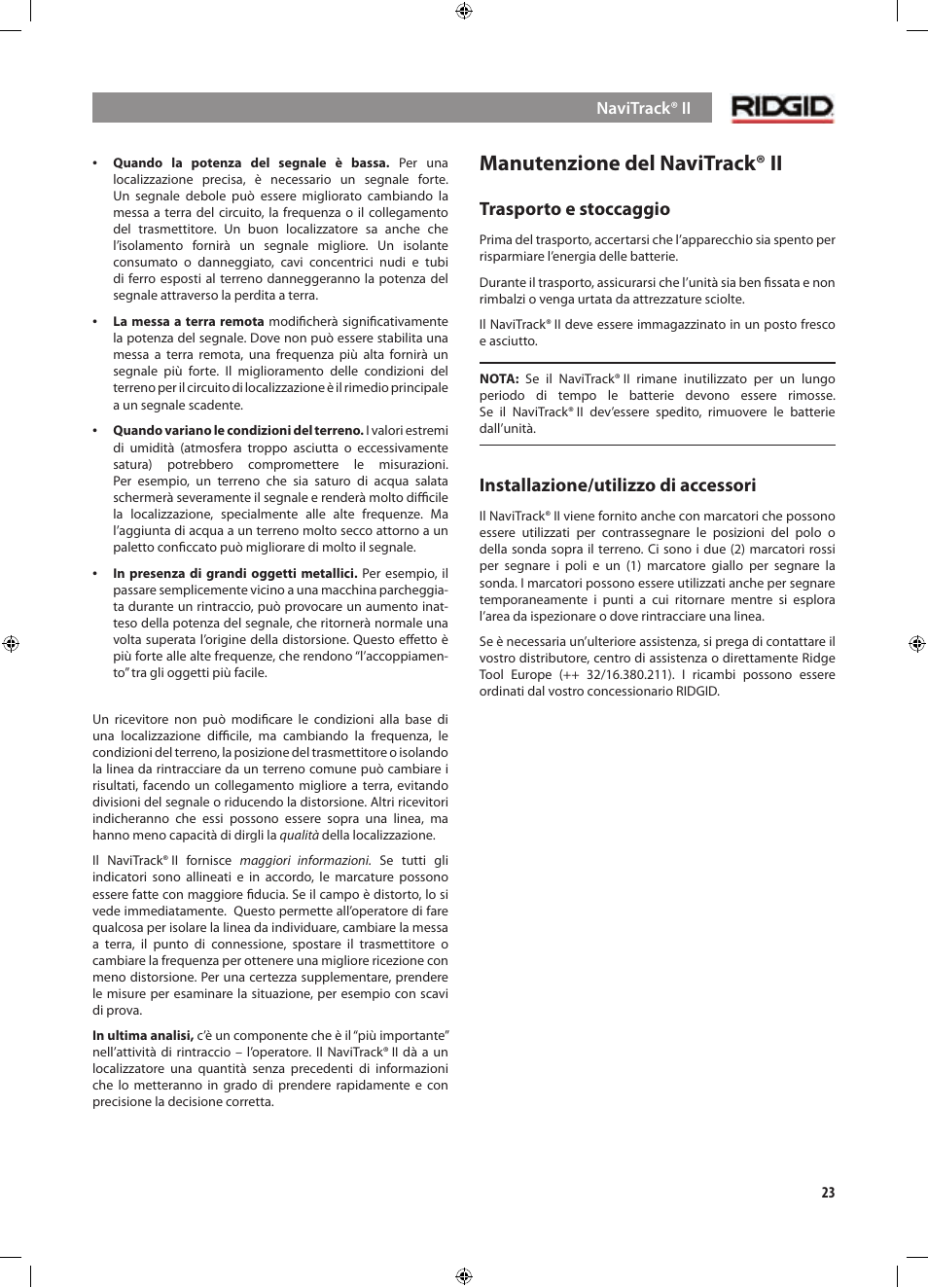 Manutenzione del navitrack® ii, Trasporto e stoccaggio, Installazione/utilizzo di accessori | RIDGID NaviTrack II User Manual | Page 137 / 394