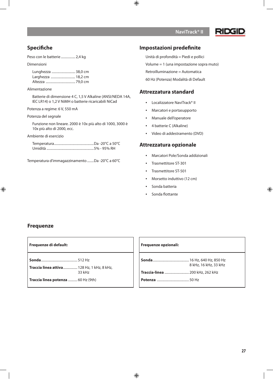 Speciﬁche, Impostazioni predeﬁnite, Attrezzatura standard | Attrezzatura opzionale, Frequenze | RIDGID NaviTrack II User Manual | Page 141 / 394