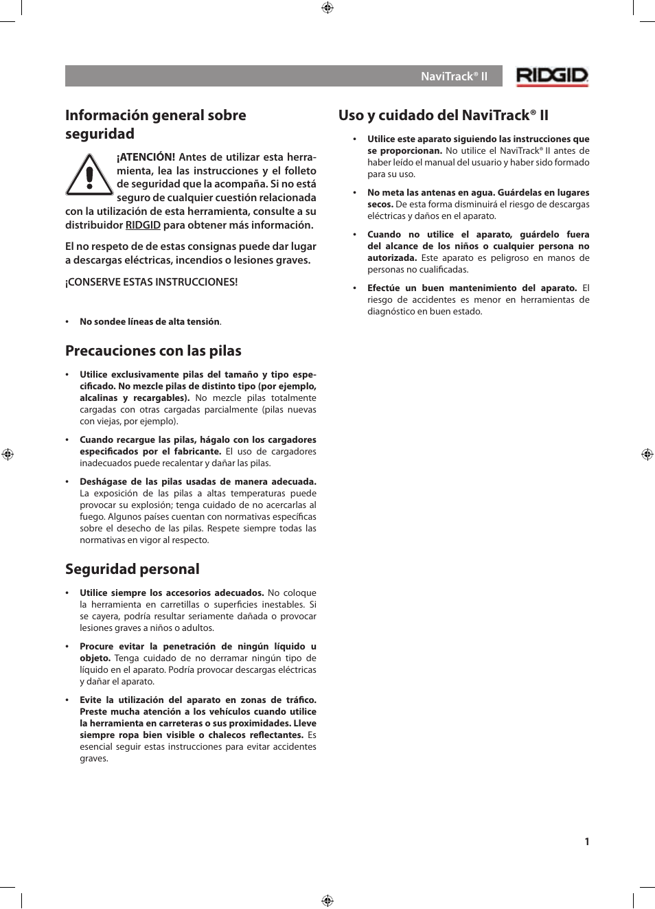 Información general sobre seguridad, Precauciones con las pilas, Seguridad personal | Uso y cuidado del navitrack® ii | RIDGID NaviTrack II User Manual | Page 143 / 394