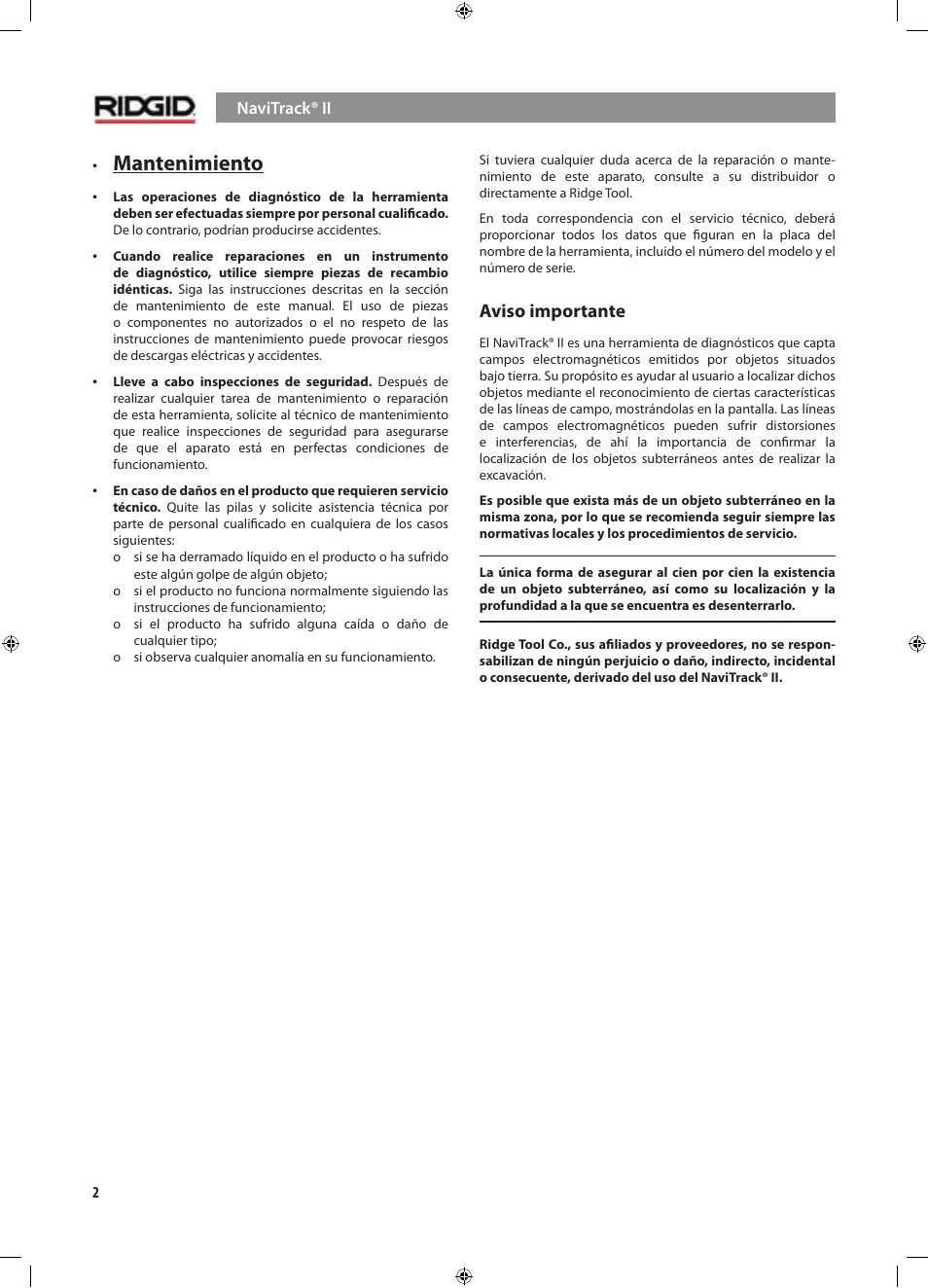 Mantenimiento, Aviso importante | RIDGID NaviTrack II User Manual | Page 144 / 394