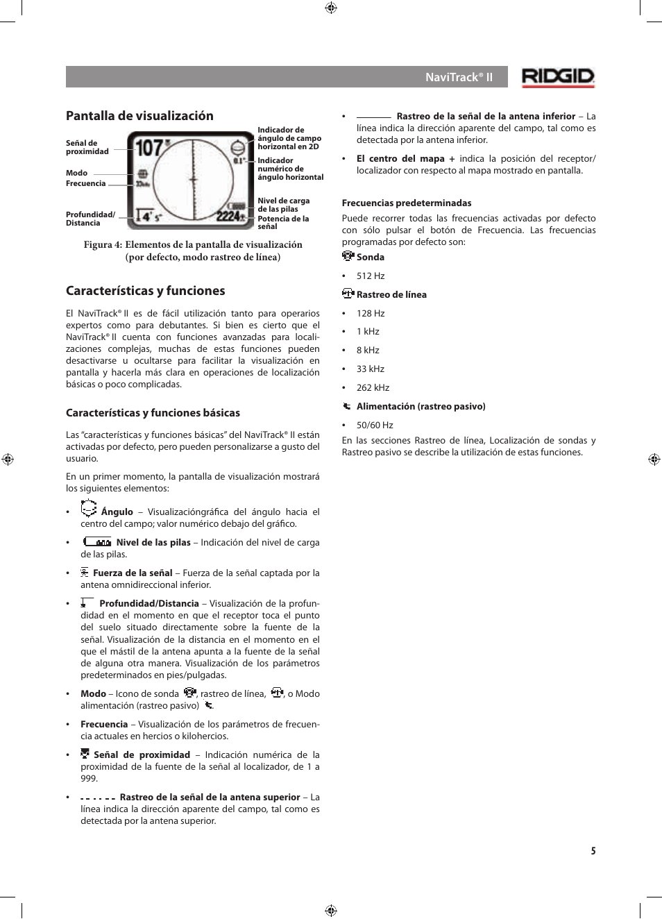 Pantalla de visualización, Características y funciones | RIDGID NaviTrack II User Manual | Page 147 / 394