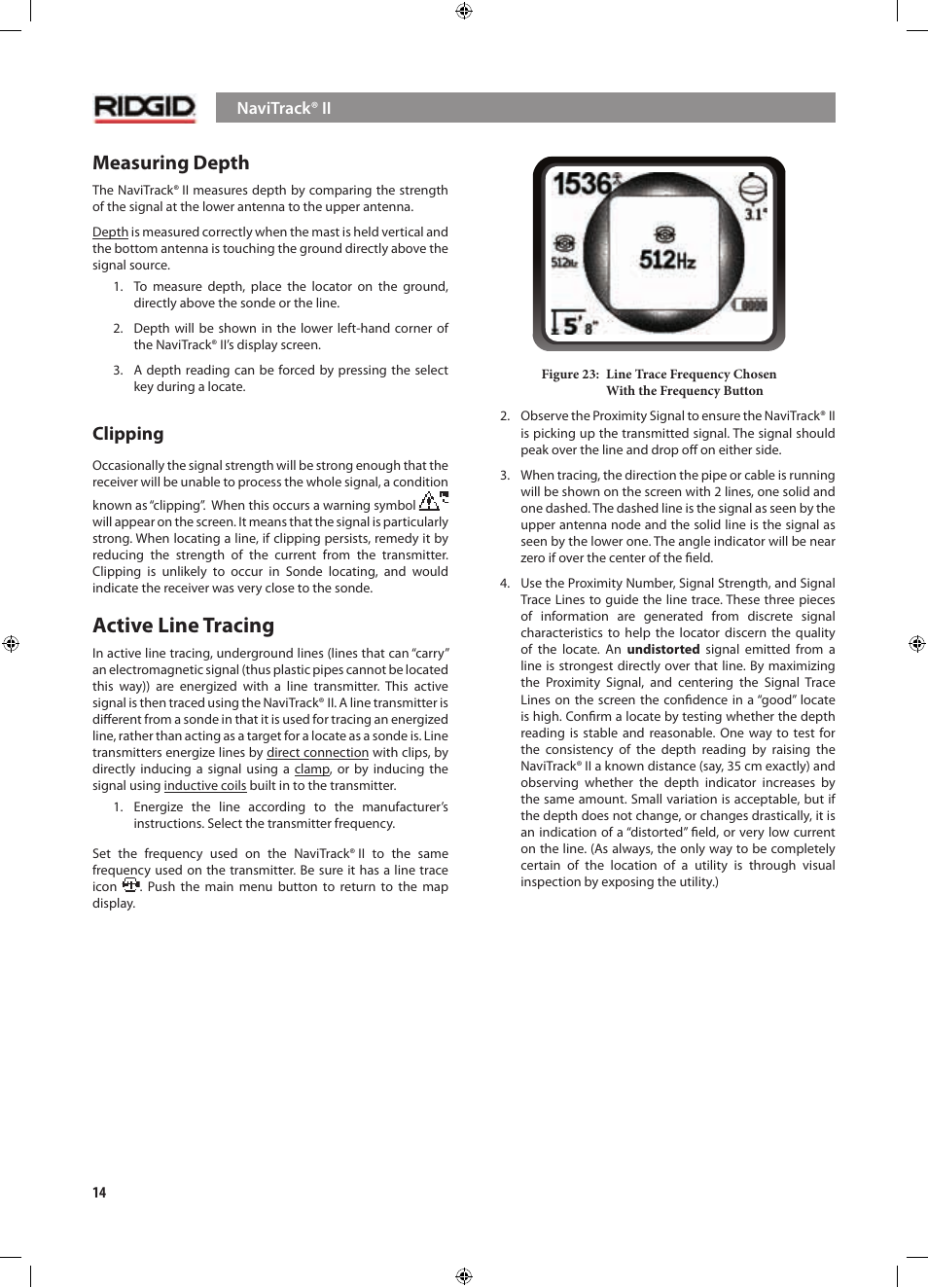 Active line tracing, Measuring depth, Clipping | RIDGID NaviTrack II User Manual | Page 15 / 394