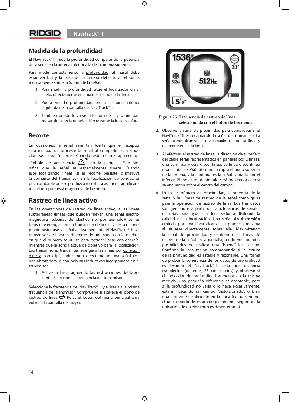 Rastreo de línea activo, Medida de la profundidad, Recorte | RIDGID NaviTrack II User Manual | Page 156 / 394