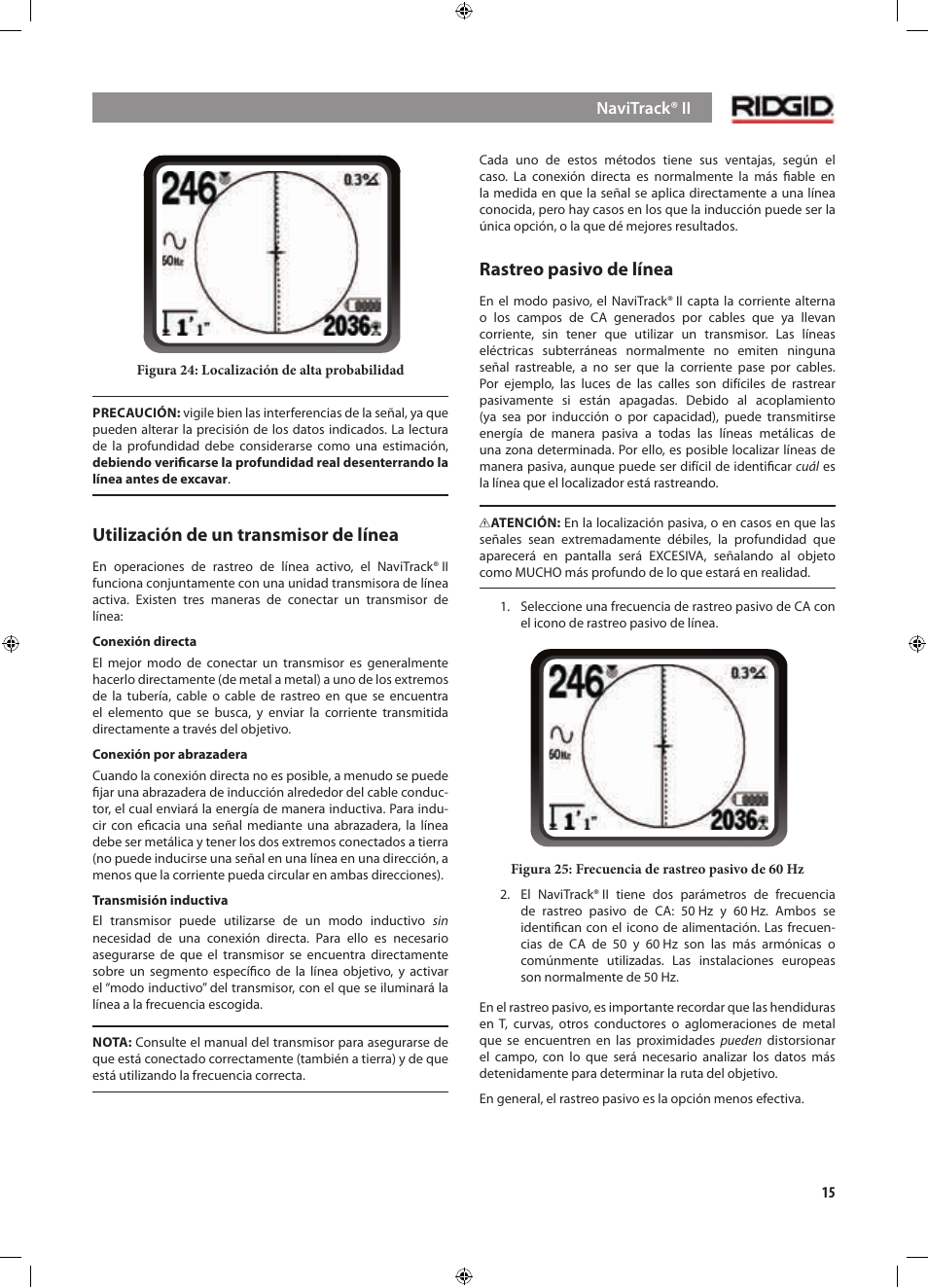 Utilización de un transmisor de línea, Rastreo pasivo de línea | RIDGID NaviTrack II User Manual | Page 157 / 394