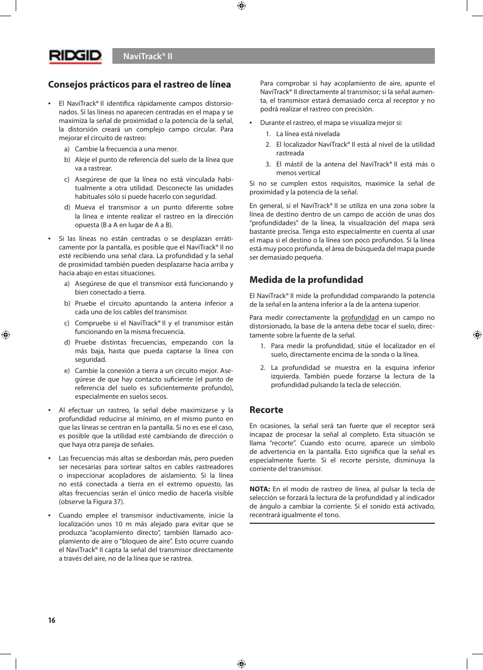 Consejos prácticos para el rastreo de línea, Medida de la profundidad, Recorte | RIDGID NaviTrack II User Manual | Page 158 / 394