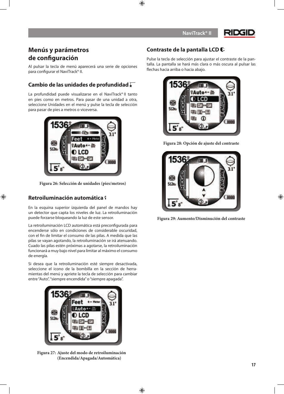 Menús y parámetros de conﬁguración, Cambio de las unidades de profundidad, Retroiluminación automática | Contraste de la pantalla lcd | RIDGID NaviTrack II User Manual | Page 159 / 394