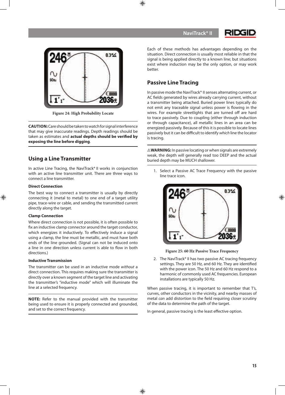 Using a line transmitter, Passive line tracing | RIDGID NaviTrack II User Manual | Page 16 / 394
