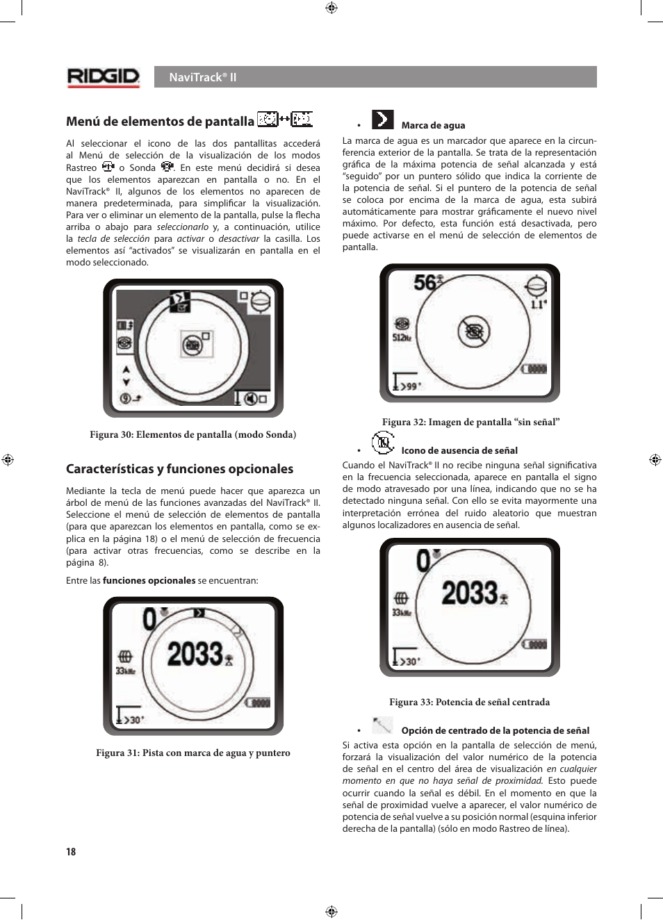 Menú de elementos de pantalla, Características y funciones opcionales | RIDGID NaviTrack II User Manual | Page 160 / 394