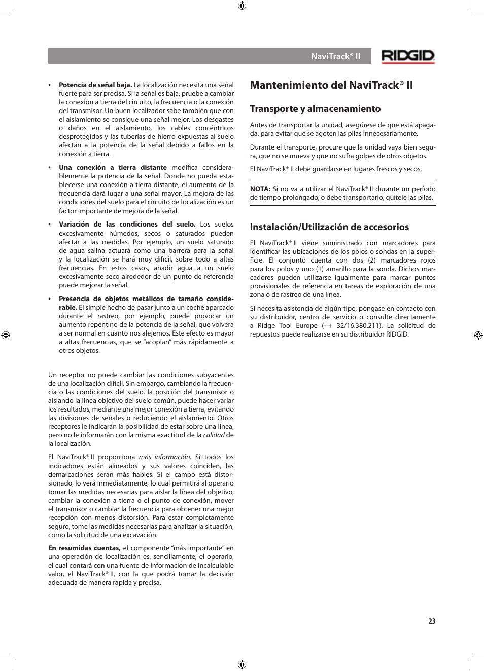 Mantenimiento del navitrack® ii, Transporte y almacenamiento, Instalación/utilización de accesorios | RIDGID NaviTrack II User Manual | Page 165 / 394