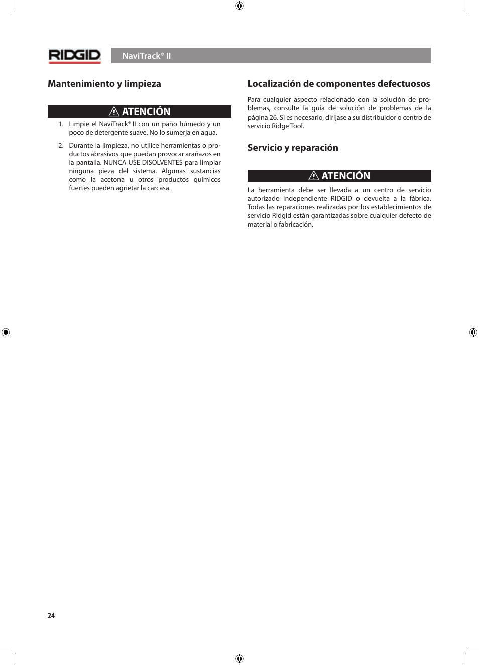 Atención | RIDGID NaviTrack II User Manual | Page 166 / 394