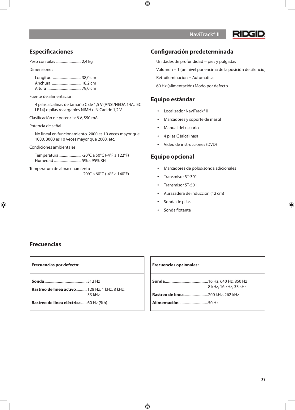 Especiﬁcaciones, Conﬁguración predeterminada, Equipo estándar | Equipo opcional, Frecuencias | RIDGID NaviTrack II User Manual | Page 169 / 394