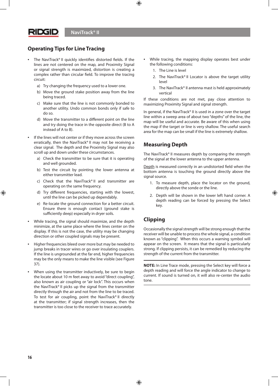 Operating tips for line tracing, Measuring depth, Clipping | RIDGID NaviTrack II User Manual | Page 17 / 394