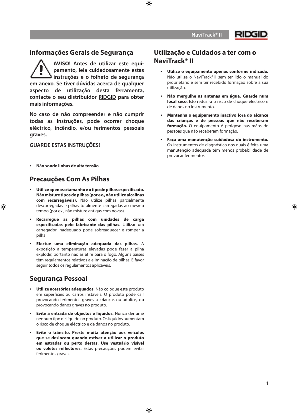 Informações gerais de segurança, Precauções com as pilhas, Segurança pessoal | Utilização e cuidados a ter com o navitrack® ii | RIDGID NaviTrack II User Manual | Page 171 / 394