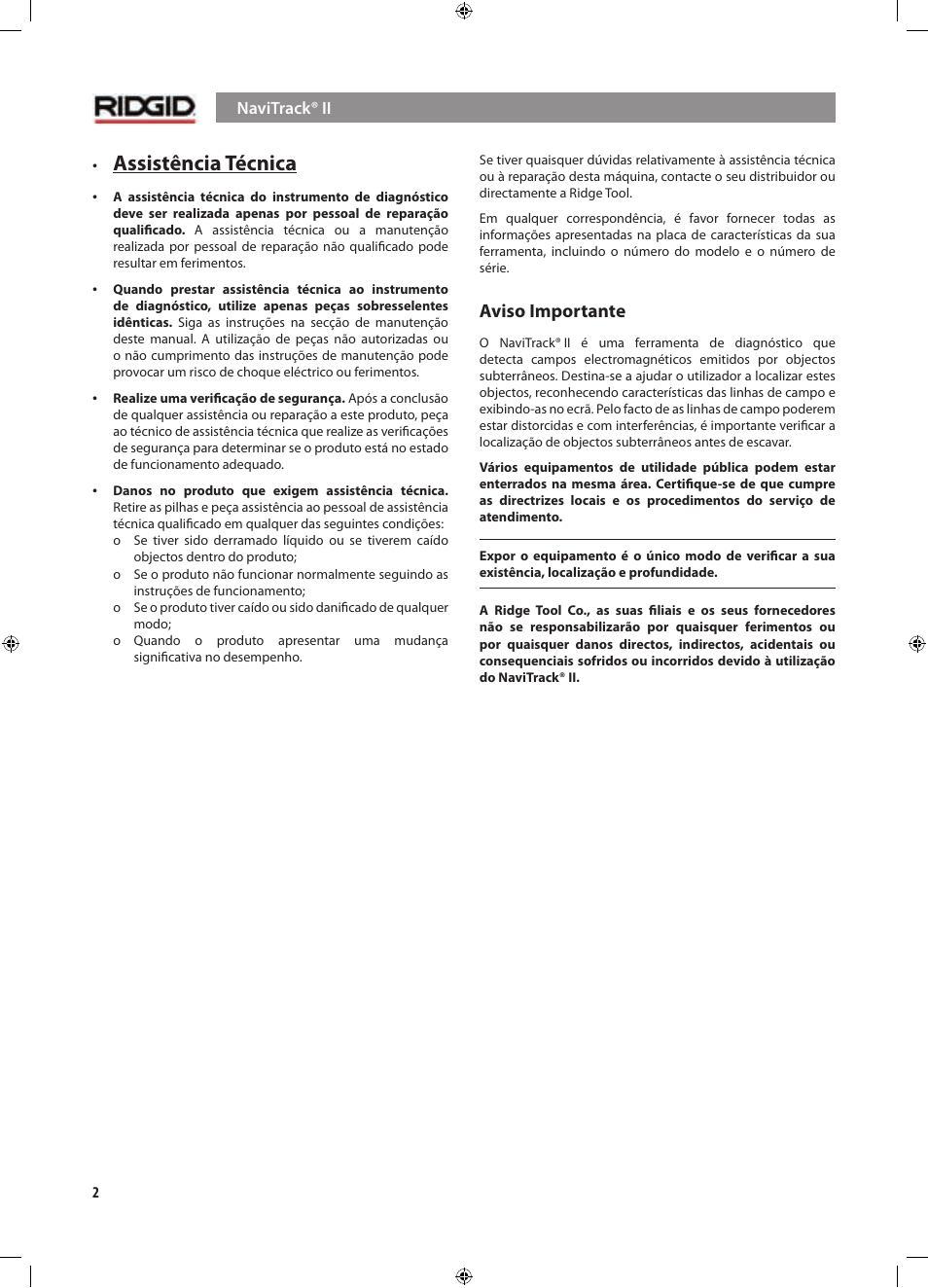 Assistência técnica, Aviso importante | RIDGID NaviTrack II User Manual | Page 172 / 394