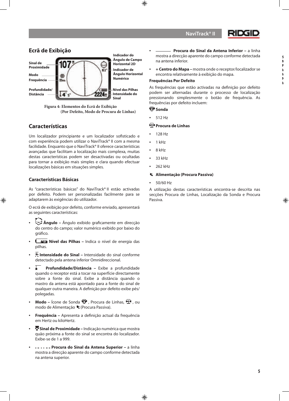 Ecrã de exibição, Características | RIDGID NaviTrack II User Manual | Page 175 / 394