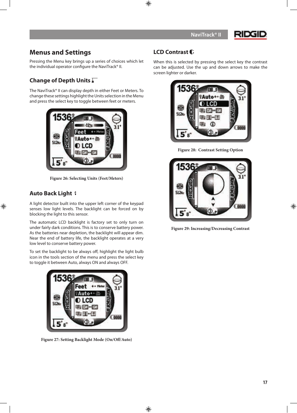 Menus and settings, Change of depth units, Auto back light | Lcd contrast | RIDGID NaviTrack II User Manual | Page 18 / 394