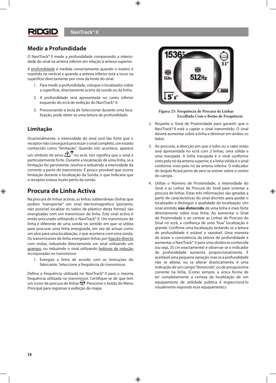 Procura de linha activa, Medir a profundidade, Limitação | RIDGID NaviTrack II User Manual | Page 184 / 394