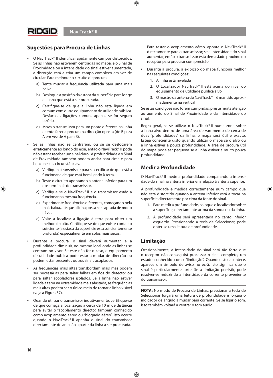 Sugestões para procura de linhas, Medir a profundidade, Limitação | RIDGID NaviTrack II User Manual | Page 186 / 394