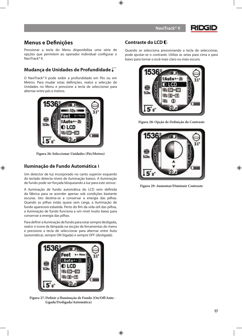 Menus e deﬁnições, Mudança de unidades de profundidade, Iluminação de fundo automática | Contraste do lcd | RIDGID NaviTrack II User Manual | Page 187 / 394