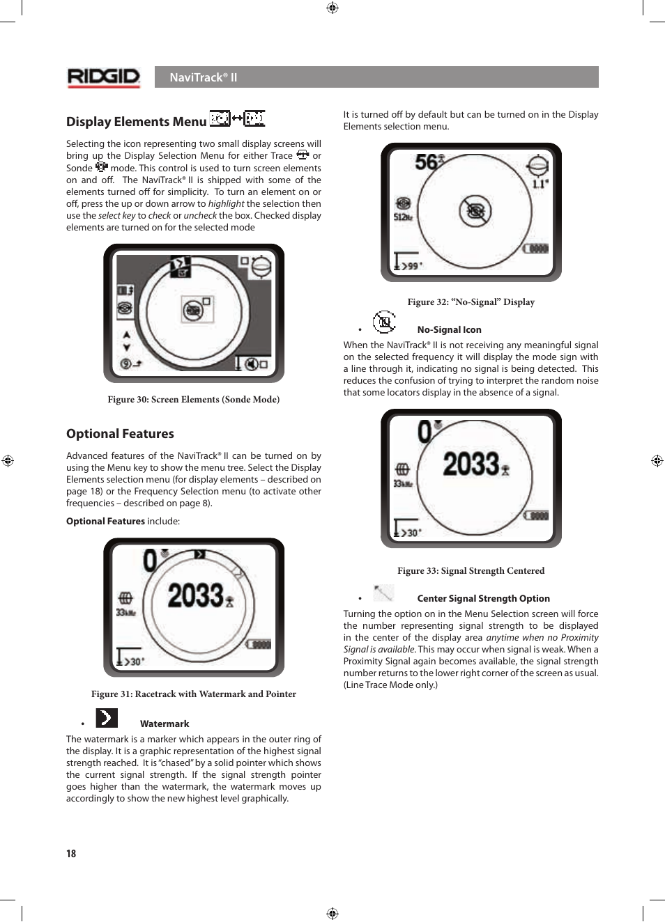 Display elements menu, Optional features | RIDGID NaviTrack II User Manual | Page 19 / 394