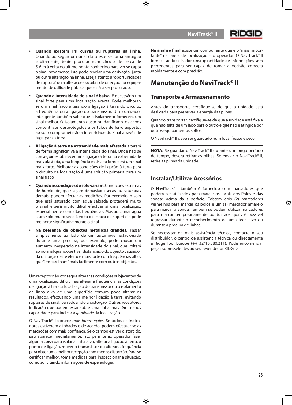 Manutenção do navitrack® ii, Transporte e armazenamento, Instalar/utilizar acessórios | RIDGID NaviTrack II User Manual | Page 193 / 394