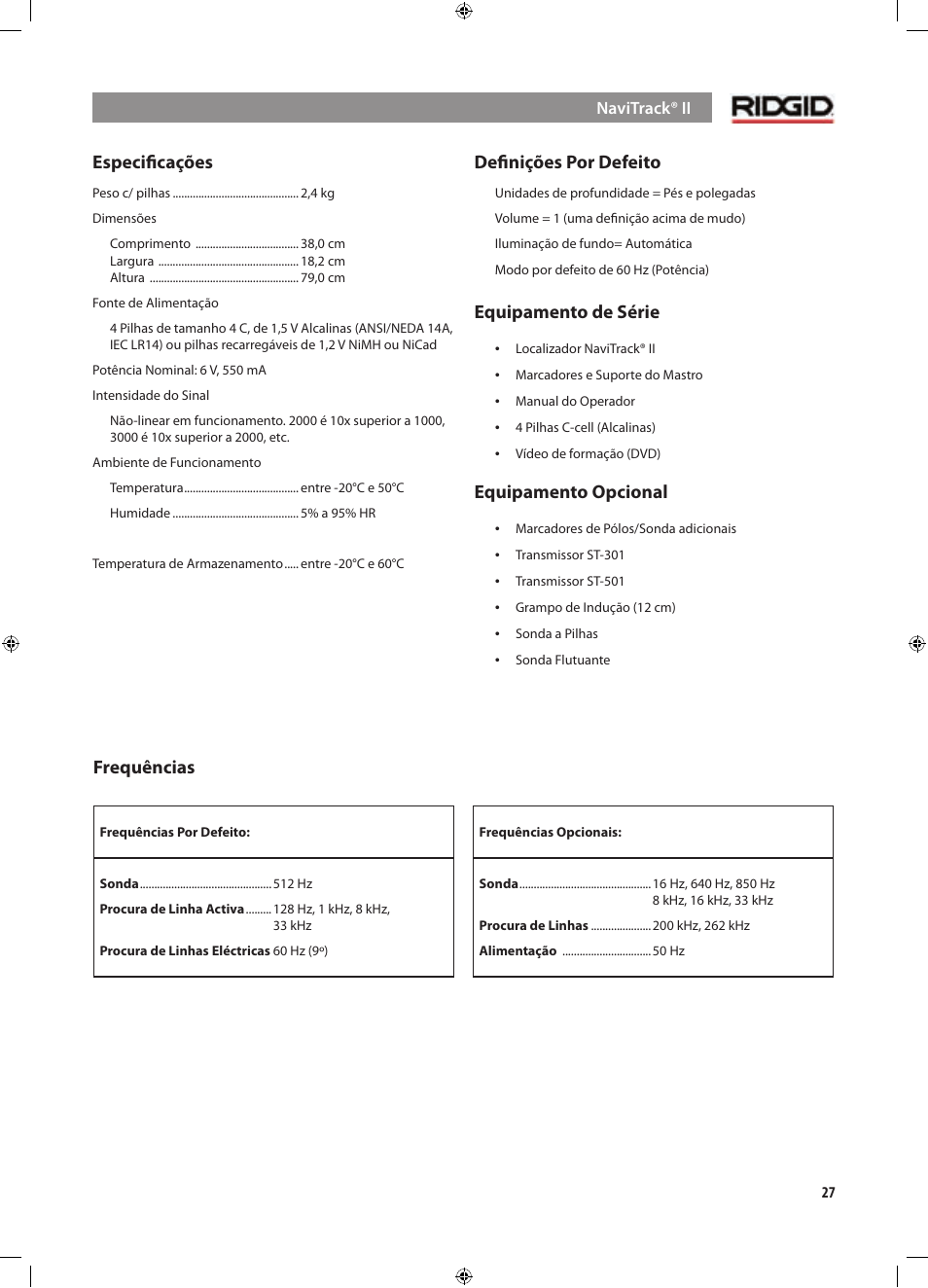 Especiﬁcações, Deﬁnições por defeito, Equipamento de série | Equipamento opcional, Frequências | RIDGID NaviTrack II User Manual | Page 197 / 394