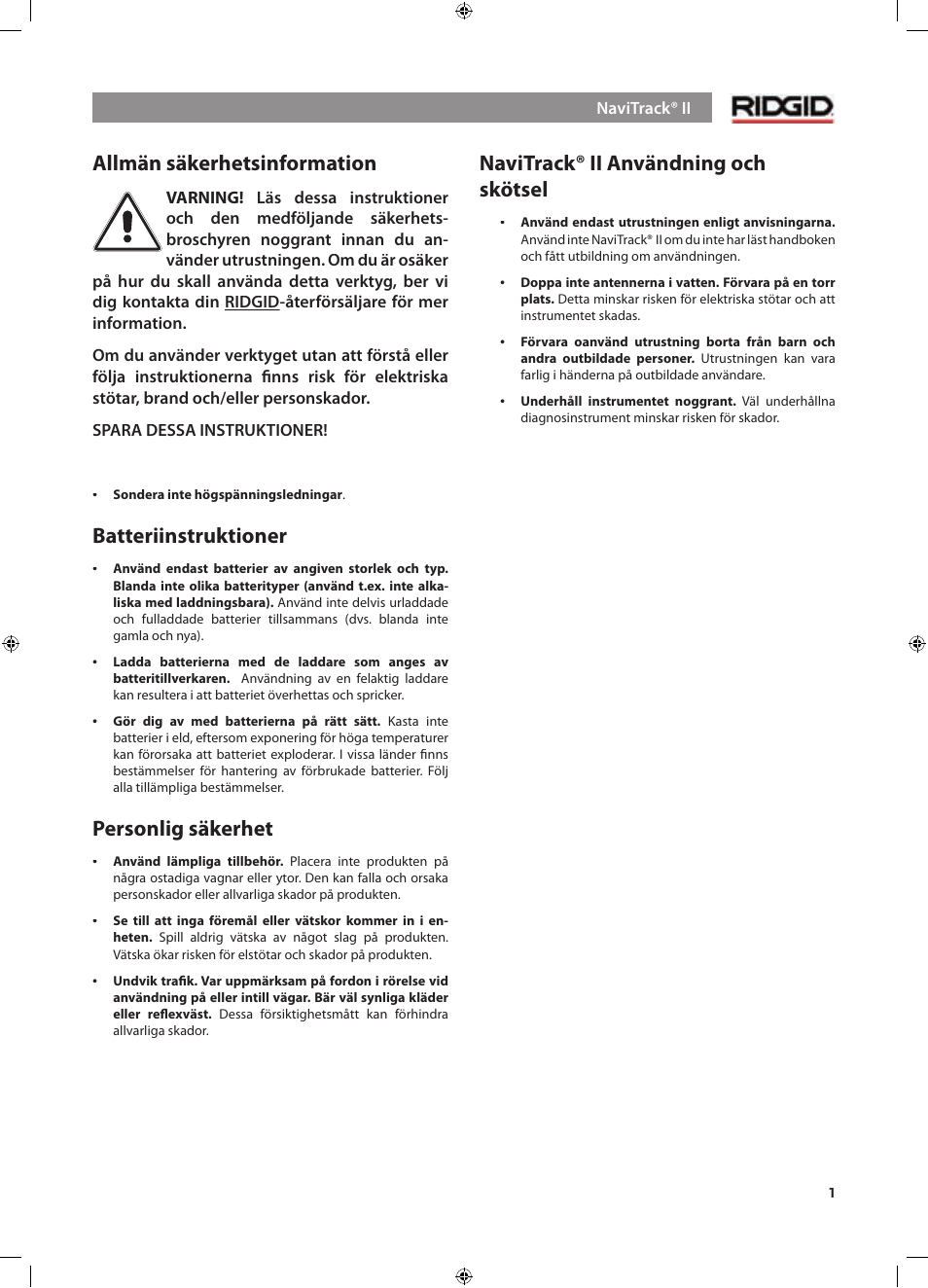 Allmän säkerhetsinformation, Batteriinstruktioner, Personlig säkerhet | Navitrack® ii användning och skötsel | RIDGID NaviTrack II User Manual | Page 199 / 394