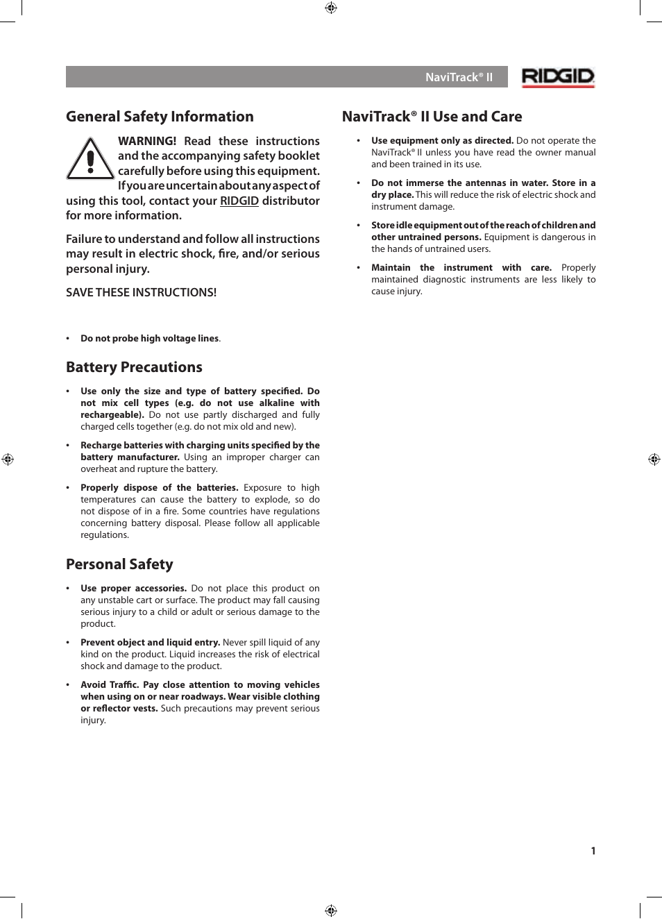 General safety information, Battery precautions, Personal safety | Navitrack® ii use and care | RIDGID NaviTrack II User Manual | Page 2 / 394