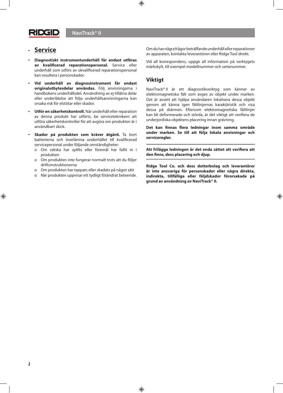 Service, Viktigt | RIDGID NaviTrack II User Manual | Page 200 / 394