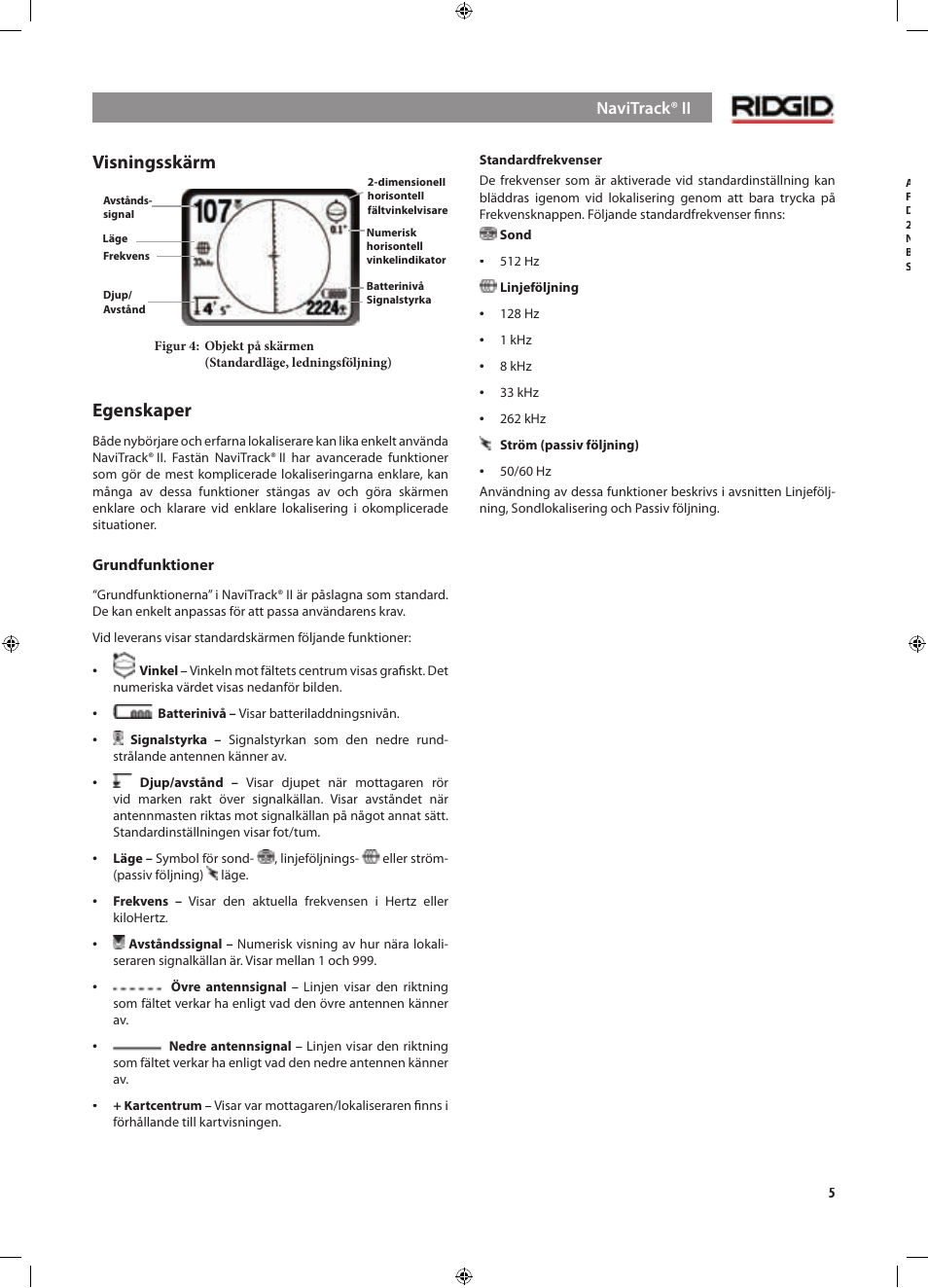 Visningsskärm, Egenskaper | RIDGID NaviTrack II User Manual | Page 203 / 394