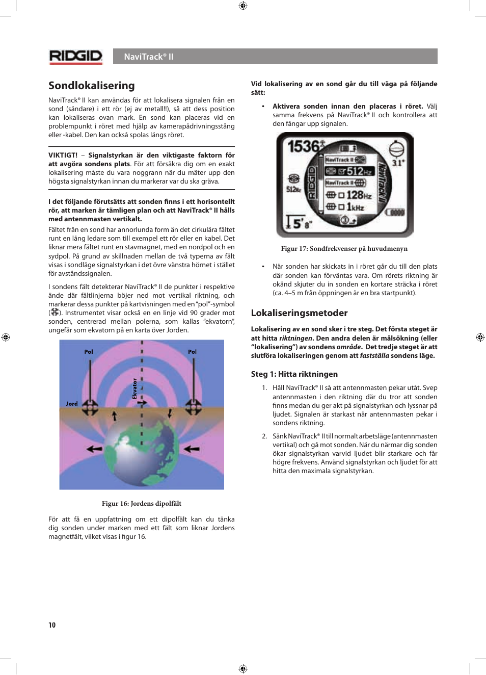 Sondlokalisering, Lokaliseringsmetoder | RIDGID NaviTrack II User Manual | Page 208 / 394