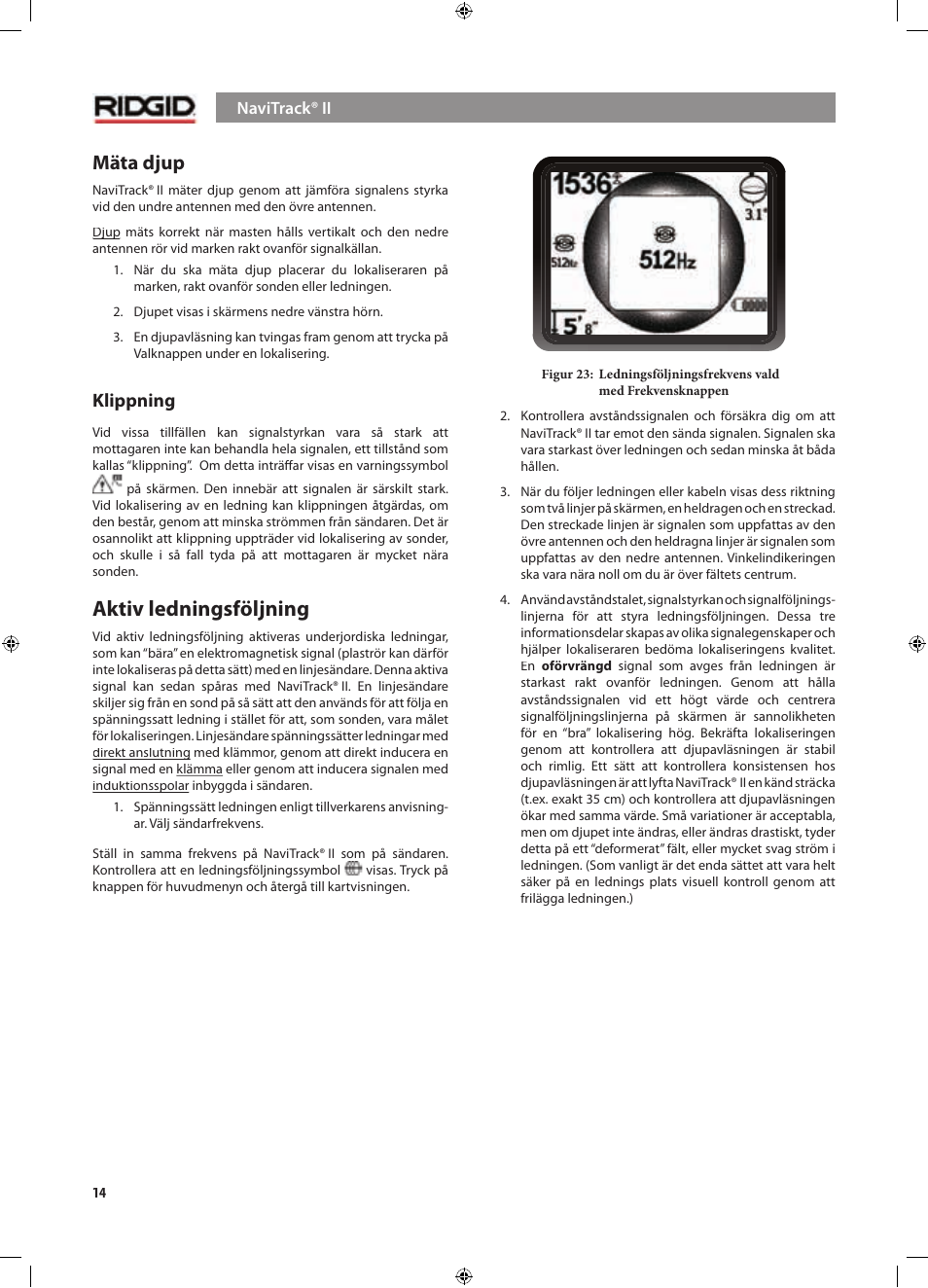 Aktiv ledningsföljning, Mäta djup, Klippning | RIDGID NaviTrack II User Manual | Page 212 / 394