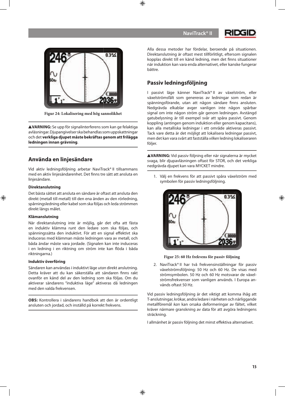 Använda en linjesändare, Passiv ledningsföljning | RIDGID NaviTrack II User Manual | Page 213 / 394
