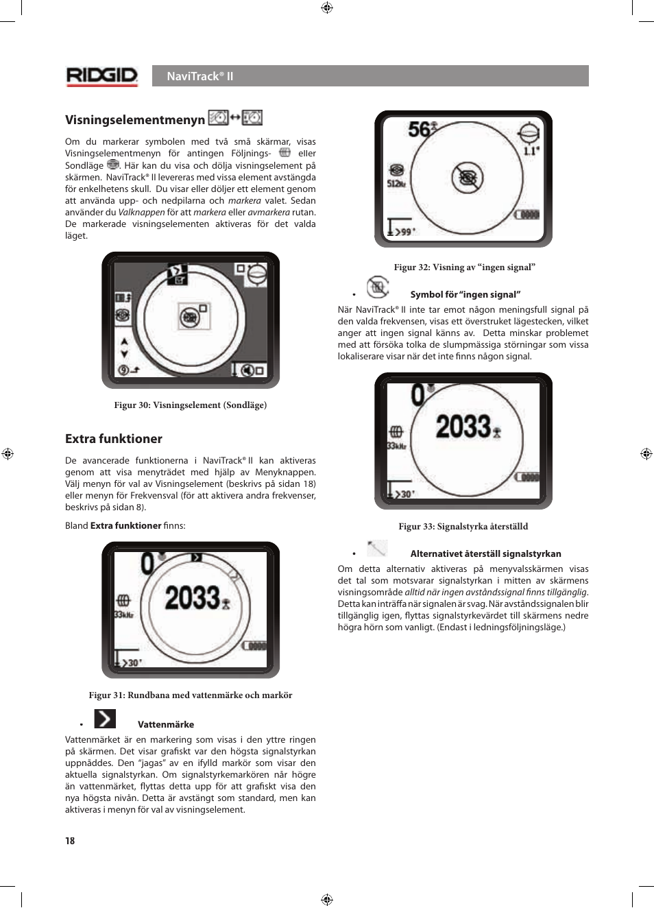 Visningselementmenyn, Extra funktioner | RIDGID NaviTrack II User Manual | Page 216 / 394