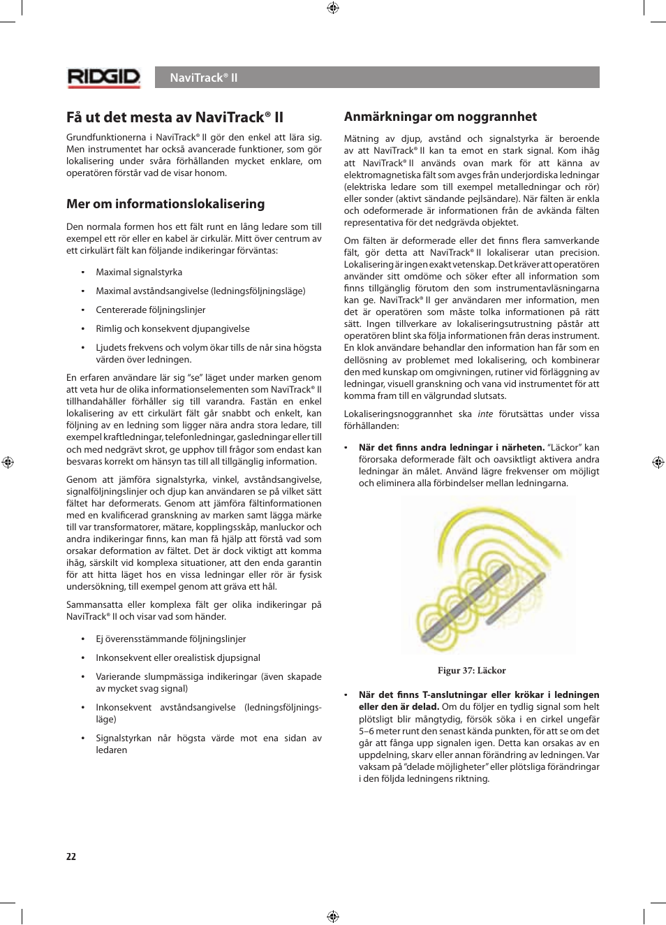 Få ut det mesta av navitrack® ii, Mer om informationslokalisering, Anmärkningar om noggrannhet | RIDGID NaviTrack II User Manual | Page 220 / 394
