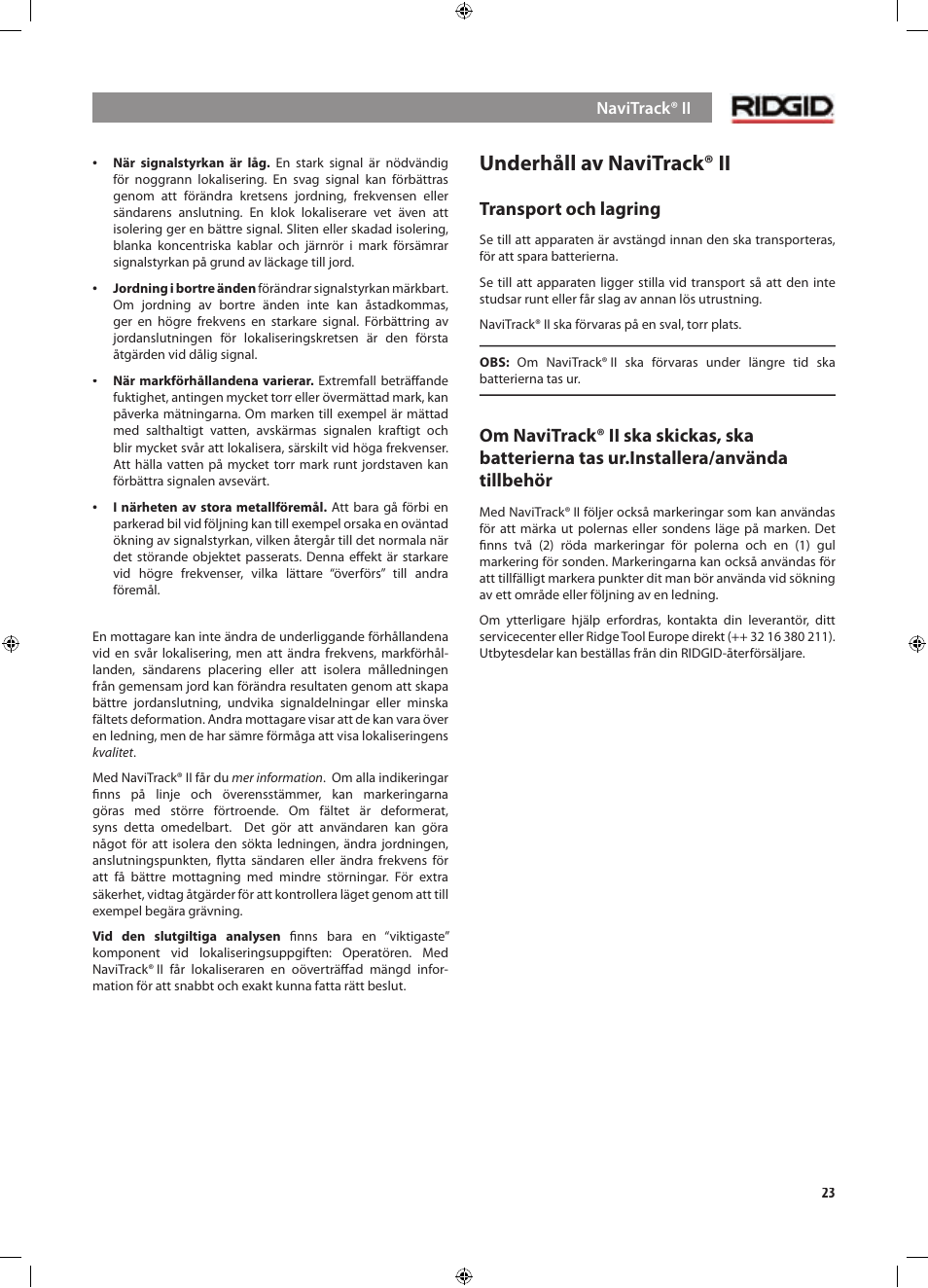 Underhåll av navitrack® ii | RIDGID NaviTrack II User Manual | Page 221 / 394