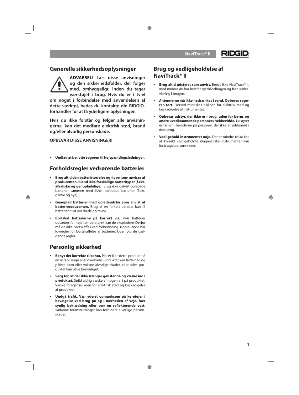 Generelle sikkerhedsoplysninger, Forholdsregler vedrørende batterier, Personlig sikkerhed | Brug og vedligeholdelse af navitrack® ii | RIDGID NaviTrack II User Manual | Page 227 / 394