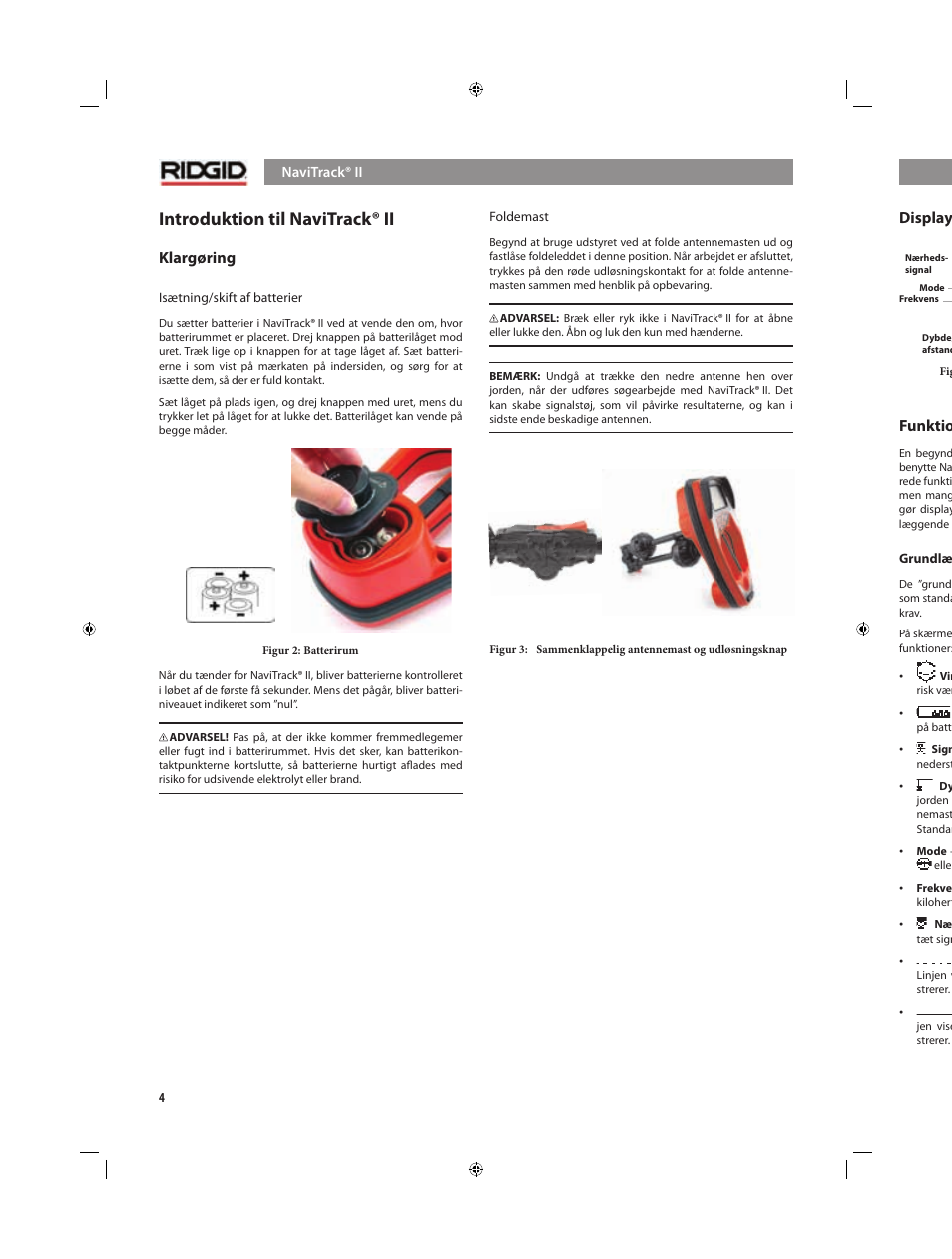 Introduktion til navitrack® ii, Display, Funktioner | Klargøring | RIDGID NaviTrack II User Manual | Page 230 / 394