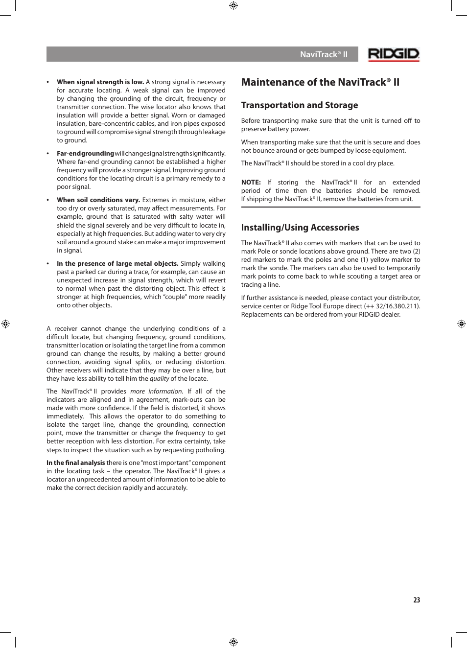 Maintenance of the navitrack® ii, Transportation and storage, Installing/using accessories | RIDGID NaviTrack II User Manual | Page 24 / 394