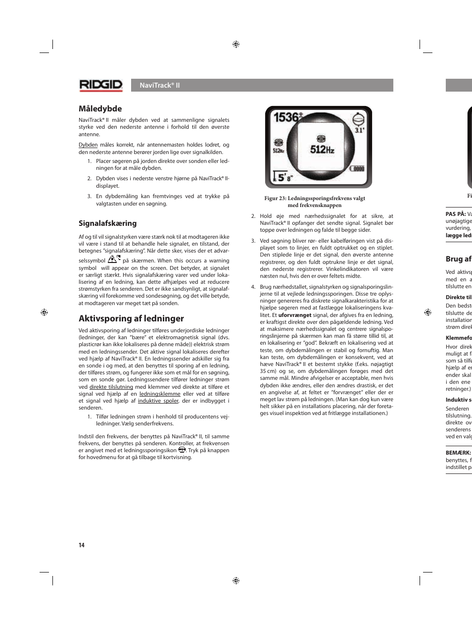 Aktivsporing af ledninger, Måledybde, Signalafskæring | Brug af en ledningssender, Passivsporing af ledninger | RIDGID NaviTrack II User Manual | Page 240 / 394