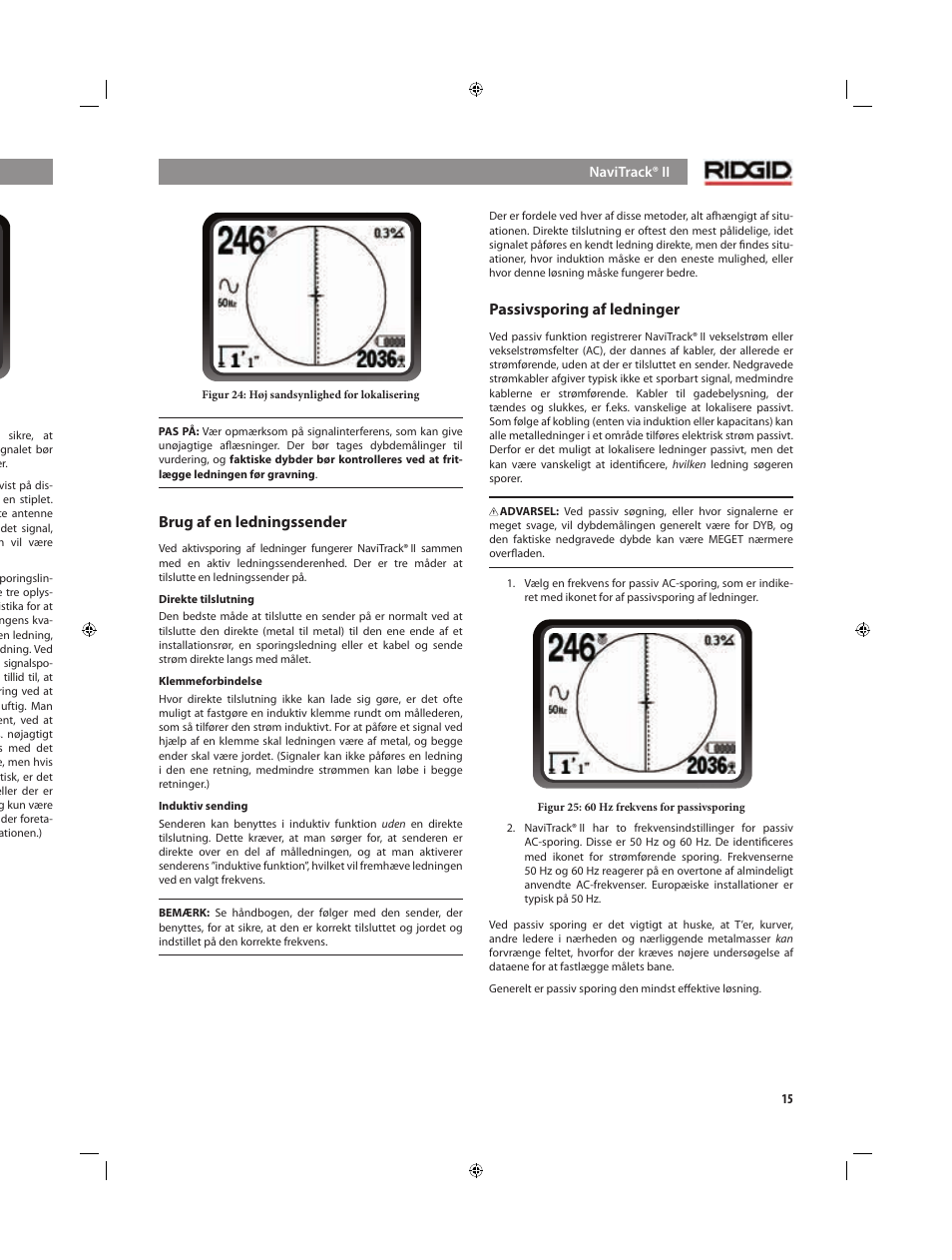 Aktivsporing af ledninger, Måledybde, Signalafskæring | Brug af en ledningssender, Passivsporing af ledninger | RIDGID NaviTrack II User Manual | Page 241 / 394