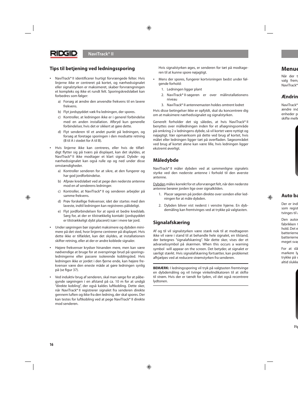 Menuer og indstillinger, Tips til betjening ved ledningssporing, Måledybde | Signalafskæring, Ændring af dybdemåleenheder, Auto baggrundsbelysning, Lcd-kontrast | RIDGID NaviTrack II User Manual | Page 242 / 394